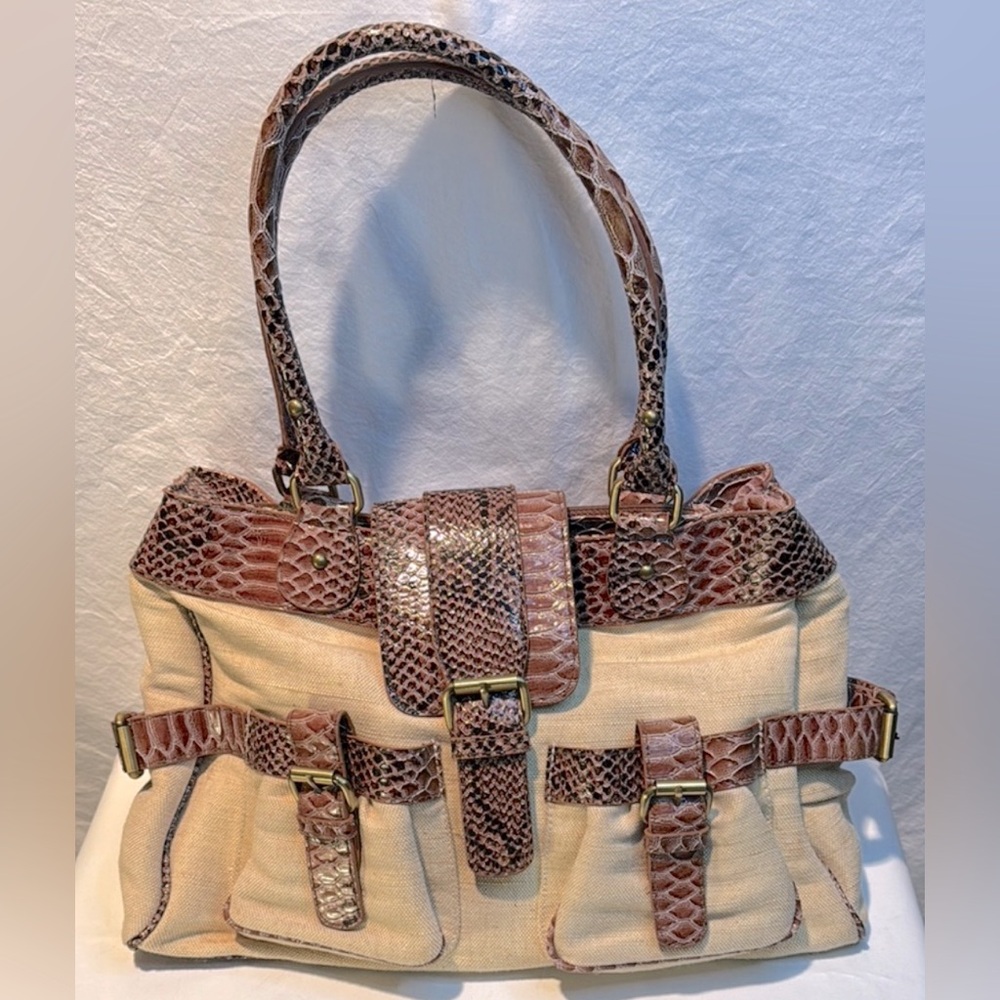 Poppie Jones Brown and Tan Shoulder Bag with Textured Leather Accents